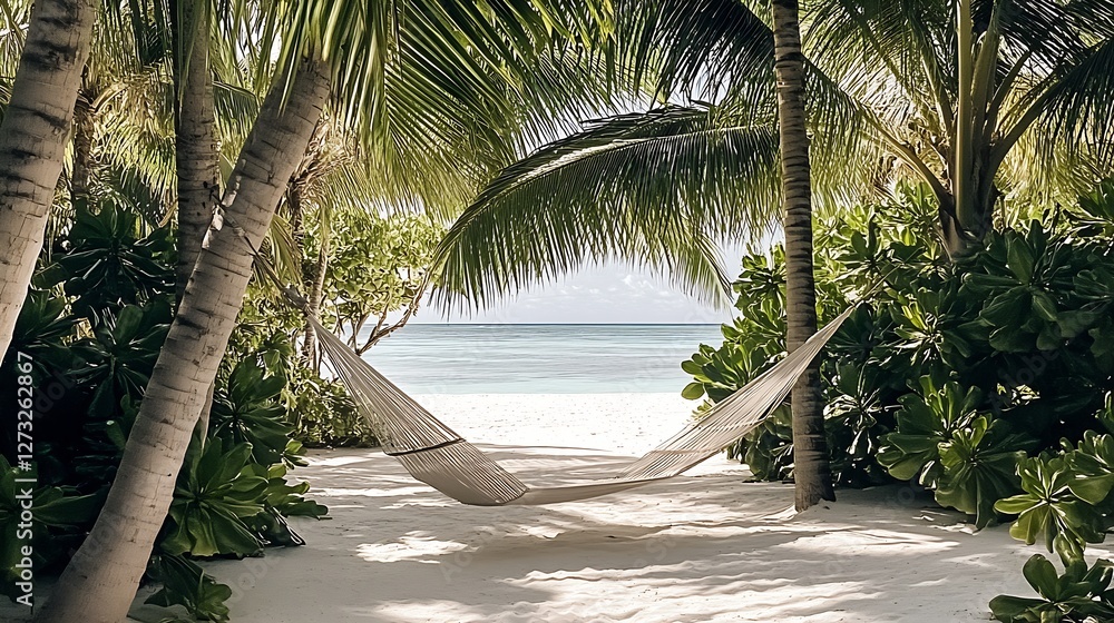 Poster Idyllic hammock nestled between lush palm trees creating a peaceful beach getaway vibe : Generative AI