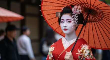 Geisha in Red Kimono with Parasol in Japan