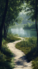 Obraz premium A winding path leading through lush greenery, lined with trees and tall grasses 