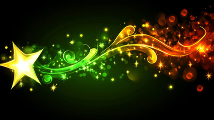 Bright star with colorful swirls and sparkles on dark background