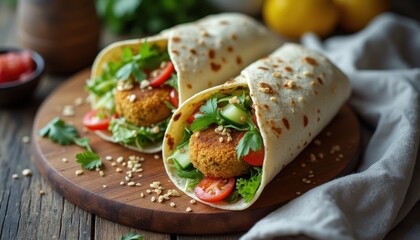 Delicious falafel wraps with fresh vegetables served on a wooden board at a cozy restaurant during lunchtime