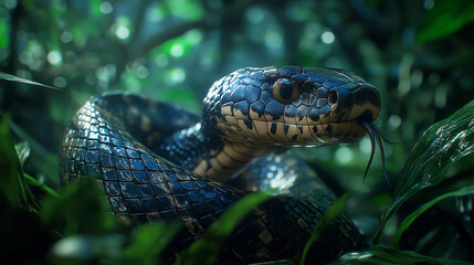 Fototapeta premium Dramatic encounter with a bushmaster snake in a lush tropical environment at dusk