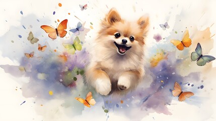 Joyful Pomeranian Puppy Surrounded by Watercolor Butterflies Spring Pet Art