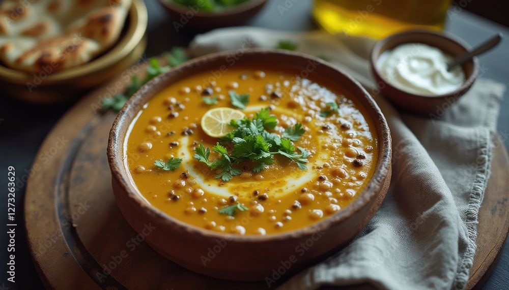 Aufkleber delicious yellow lentil soup garnished with fresh herbs and lemon served in a rustic bowl with side 