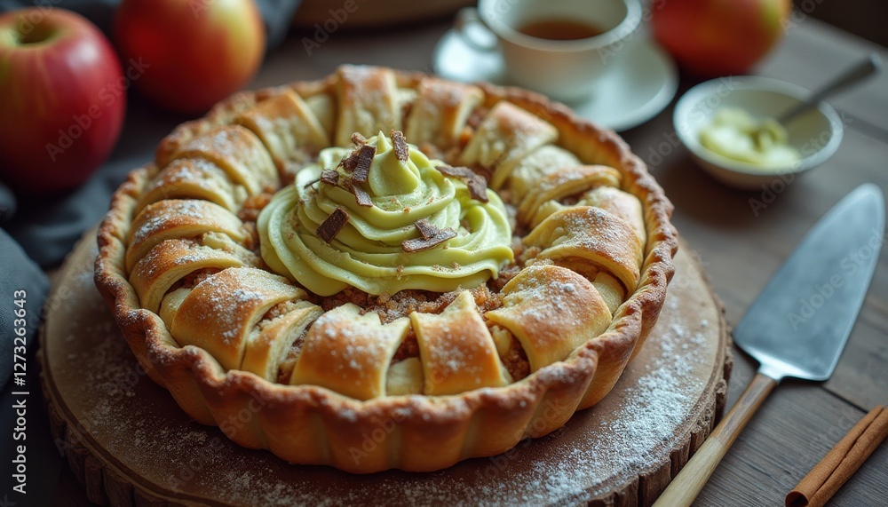 Poster delicious homemade apple pie with creamy frosting and fresh apples on a rustic wooden table