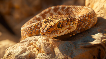 Obraz premium Captivating rattlesnake coiled on rocky terrain under warm sunlight in a desert landscape