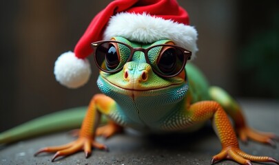 A cheerful lizard wearing a Santa hat and sunglasses, perfect for holiday-themed marketing, festive greeting cards, or playful social media campaigns.