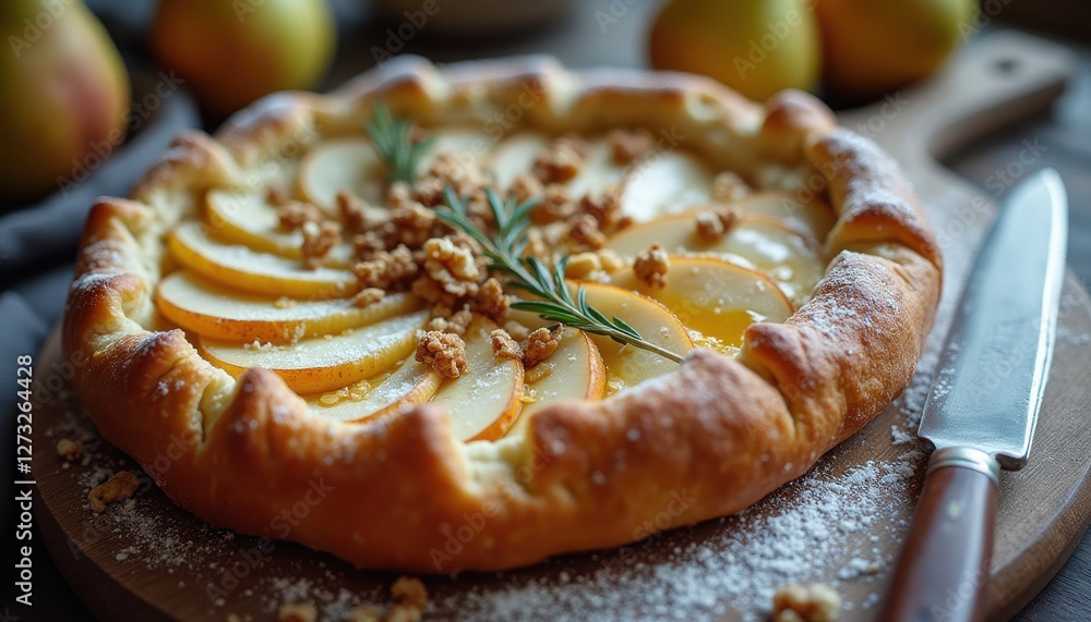 Poster rustic fruit galette with sliced apples and walnuts served on a wooden board in a cozy kitchen setti