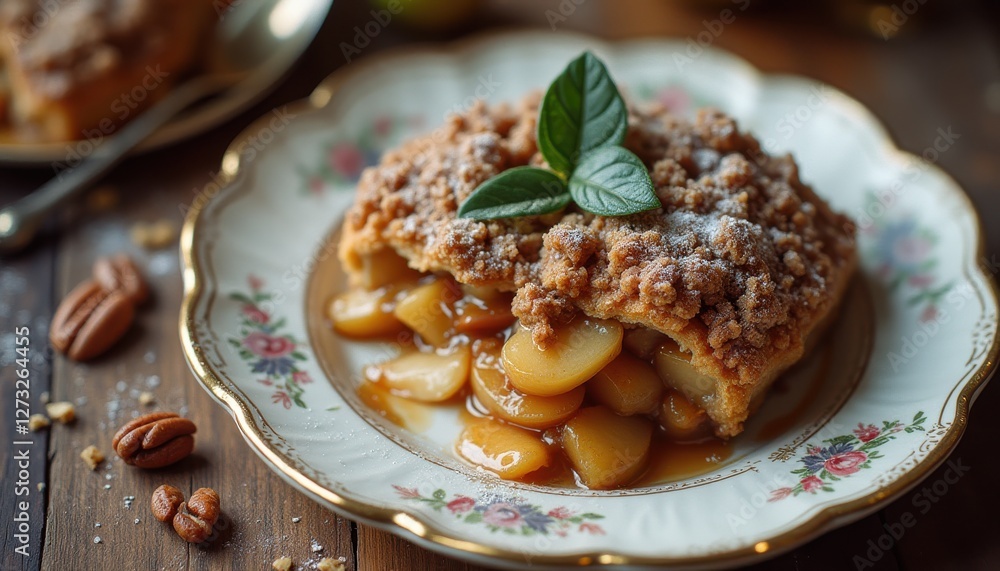 Poster rustic apple pie with crumb topping served on vintage plate in warm kitchen setting