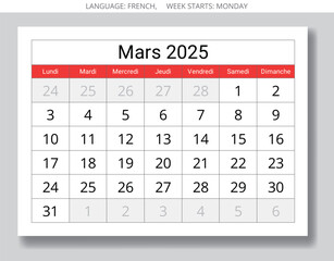 French calendar for march 2025. Vector illustration of winter month page for France - mars calendrier