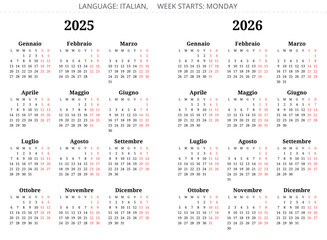 2025 and 2026 italian calendars - calendario italiano. Simple editable vector illustration year Italy