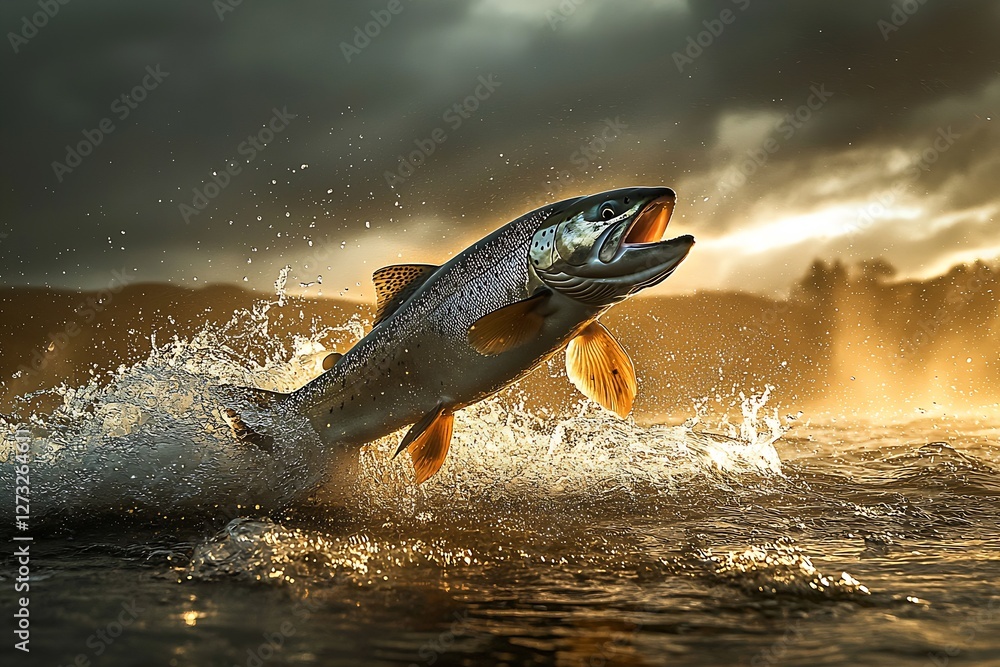 Poster trout jumping out of water during sunrise creating splashes in a scenic natural environment : genera