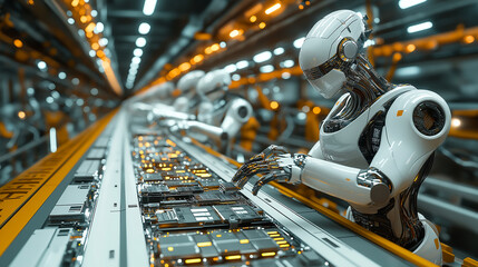 Fototapeta premium Futuristic assembly line featuring advanced robots constructing electronic components in a high-tech facility