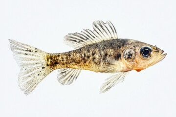 Naklejka premium Close-up of a small, speckled fish with intricate fins against a white background.