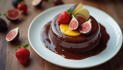 Luxurious chocolate tart topped with fresh fruits on a wooden table setting in a cozy cafe environment
