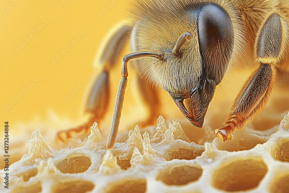 Poster close-up of a honeybee on honeycomb, showing intricate details of its body and the honeycomb structu