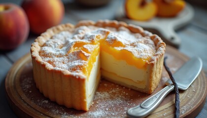 Delicious peach tart on a rustic wooden table with fresh peaches in warm afternoon light