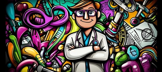 Smiling doctor amidst colorful medical doodles.