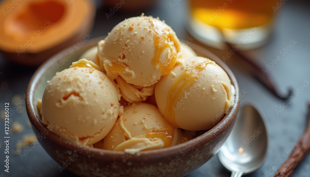 Poster delicious sweet potato dessert served in a rustic bowl with a drizzle of syrup and a sprinkle of tex