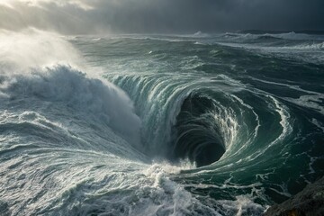 Massive ocean whirlpool with strong wave. Dangerous water vortex