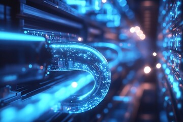 Obraz premium Futuristic server room interior with glowing data pipes.