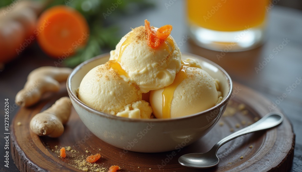 Poster Indulging in a refreshing scoop of ginger ice on a wooden table in a cozy setting during a sunny afternoon