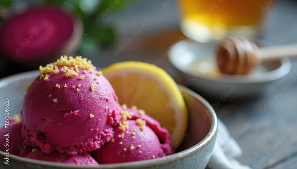 Poster beetroot dessert served with lemon slices and honey, showcasing vibrant colors and textures in a coz