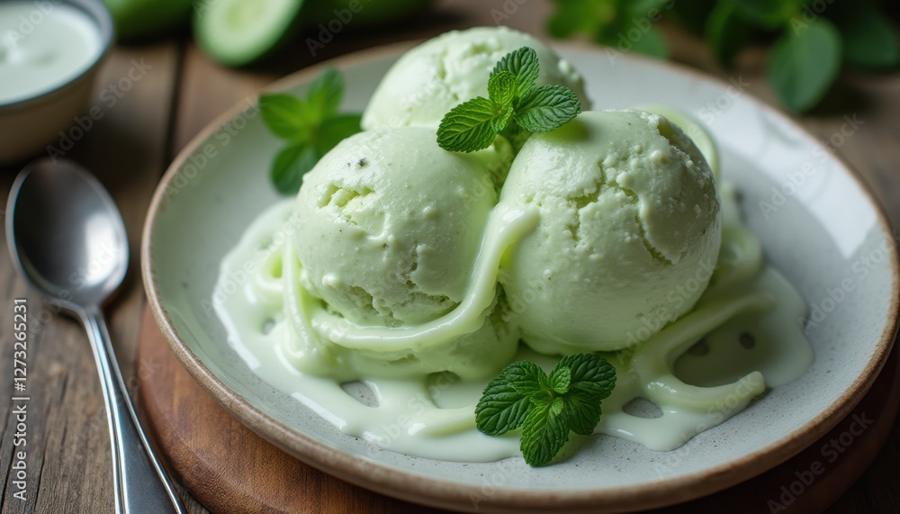Poster plated cucumber ice cream on a wooden table with fresh mint and a drizzle of creamy sauce