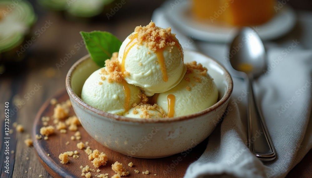 Poster deliciously plated artichoke scoop garnished with crumbs and drizzled syrup in a rustic setting
