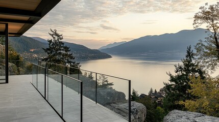 Naklejka premium A glass-paneled aluminum handrail system installed on a scenic balcony, maximizing visibility