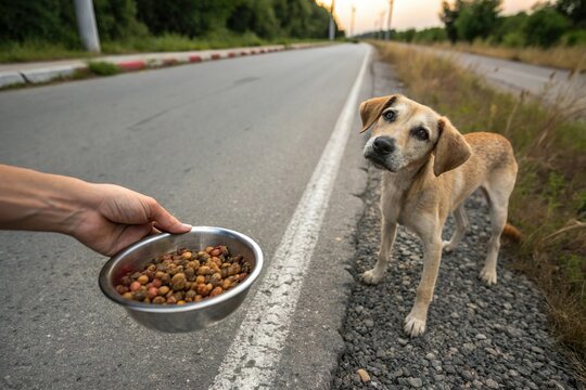person give pet food bowl to stray dogg