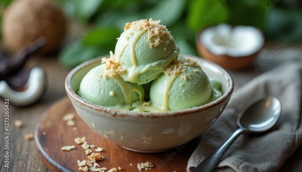 Aufkleber deliciously served spinach ice cream with crunchy toppings on a rustic wooden table
