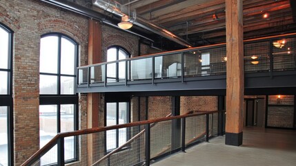 Obraz premium A glass-walled office featuring aluminum handrails along a mezzanine walkway