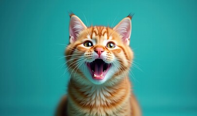 A playful, smiling orange tabby cat with a striking turquoise background, perfect for pet-related content, marketing, or social media.