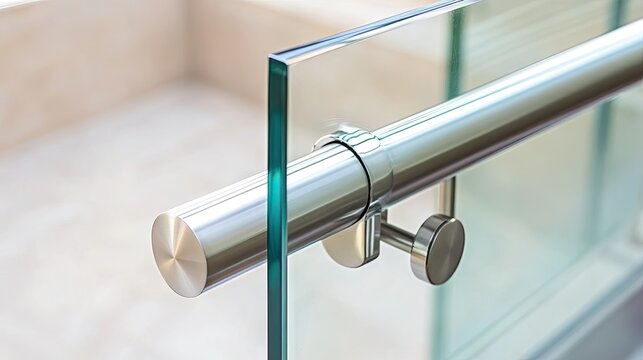 A glass and aluminum handrail system used in a modern office building lobby
