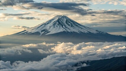 Majestic Snow-Capped Mountain Peak at Sunrise, Glowing Under the First Light of Day for a Stunning Landscape View
