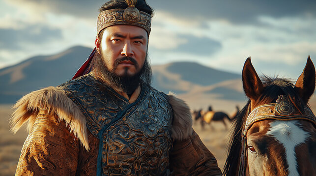 Striking portrait of a Tatar-Mongol warrior in traditional attire during sunset in a vast landscape