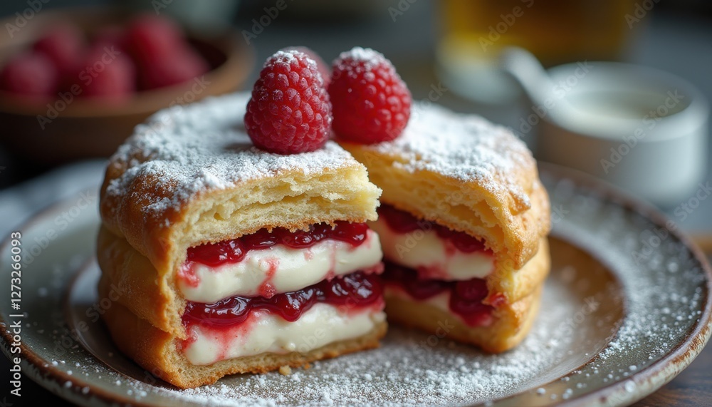 Poster Delicious layered puff pastry dessert featuring creamy filling and fresh raspberries displayed on a rustic table