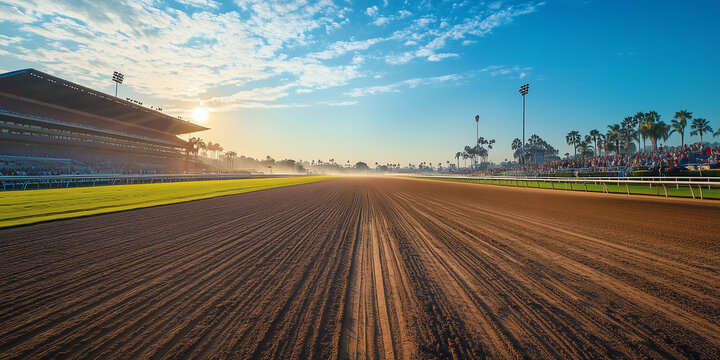 Thoroughbred horse race track is showcased at sunrise, with the silhouette of spectators and palm trees along the horizon. Dust rises from the track, capturing the energy of the event.