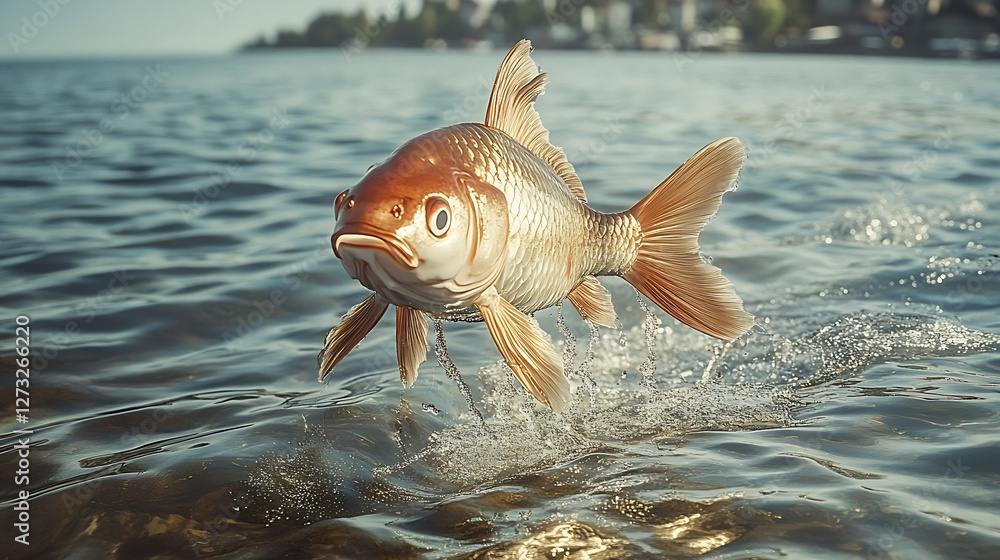 Poster vibrant and dynamic image of a fish leaping out of the water in glimmering sunshine : generative ai