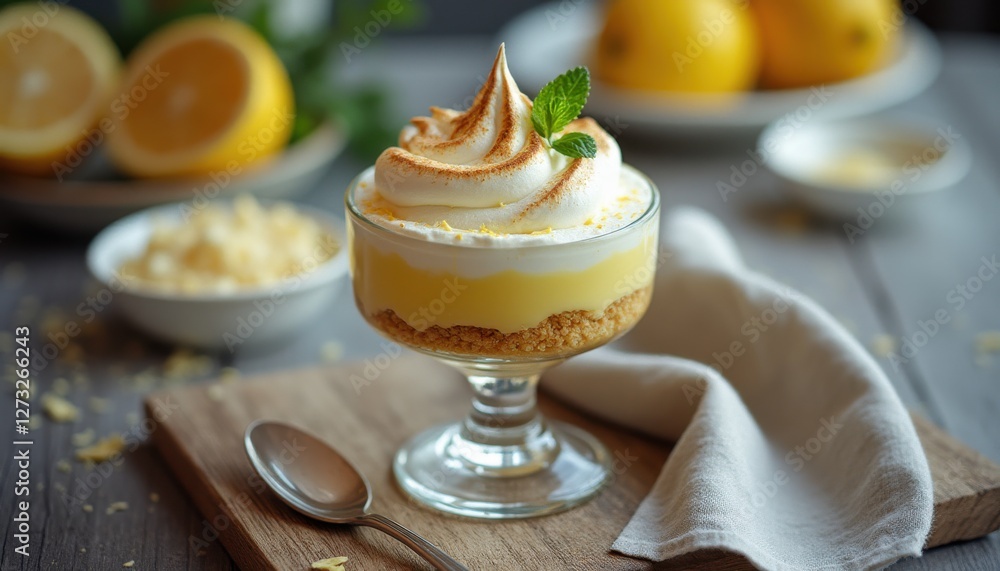 Aufkleber Lemon cream dessert layered with graham cracker crust and topped with meringue on a rustic table setting