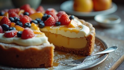 Deliciously layered pie featuring fresh fruits and creamy filling on a rustic wooden table