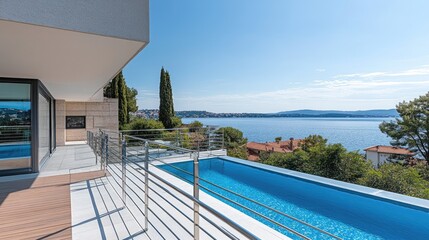Fototapeta premium A high-end villa with aluminum railings framing a private infinity pool deck