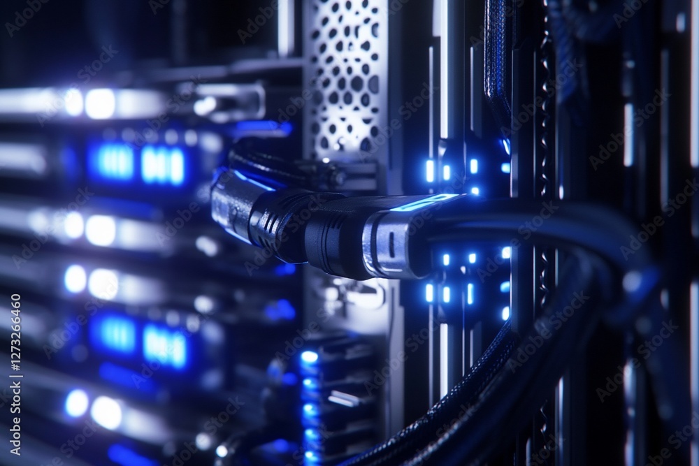 Aufkleber close-up of illuminated server cables and hardware in a data center rack.