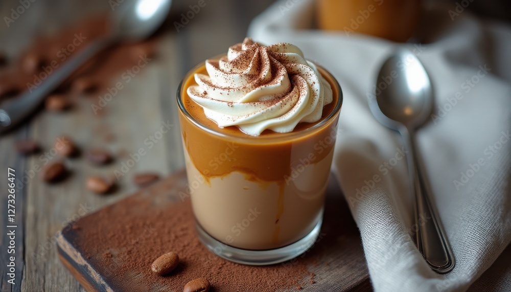 Poster Deliciously layered coffee mousse topped with cream and cocoa on a rustic wooden table