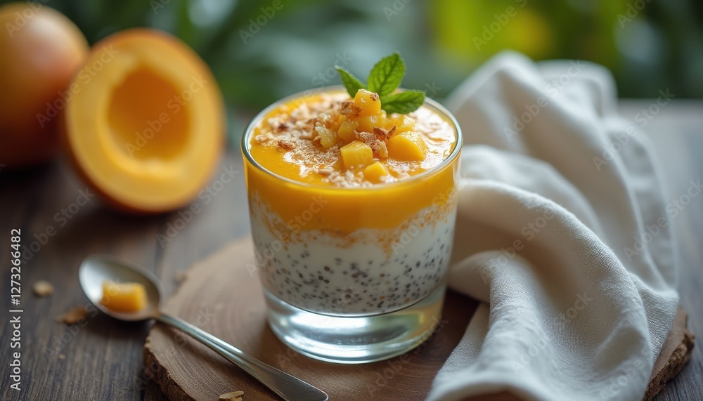 Aufkleber layered chia pudding with fresh mango and nuts presented on a rustic wooden surface
