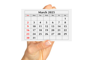 Page of the annual monthly calendar march 2025 in hand. Isolated on transparent png