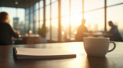 wooden table with a white coffee cup and a notebook on it. The table is in front of a large window with a view of a city skyline