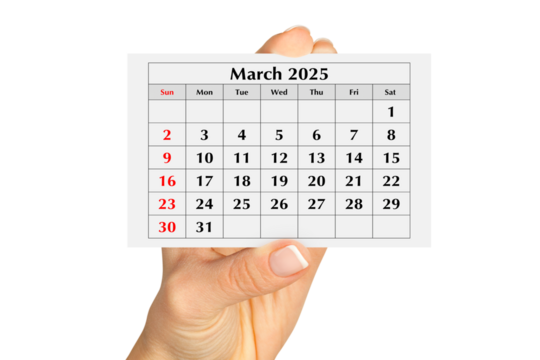 Page of the annual monthly calendar march 2025 in hand. Isolated on transparent png - Powered by Adobe
