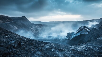 Volcanic landscape featuring smoke rising from a deep caldera